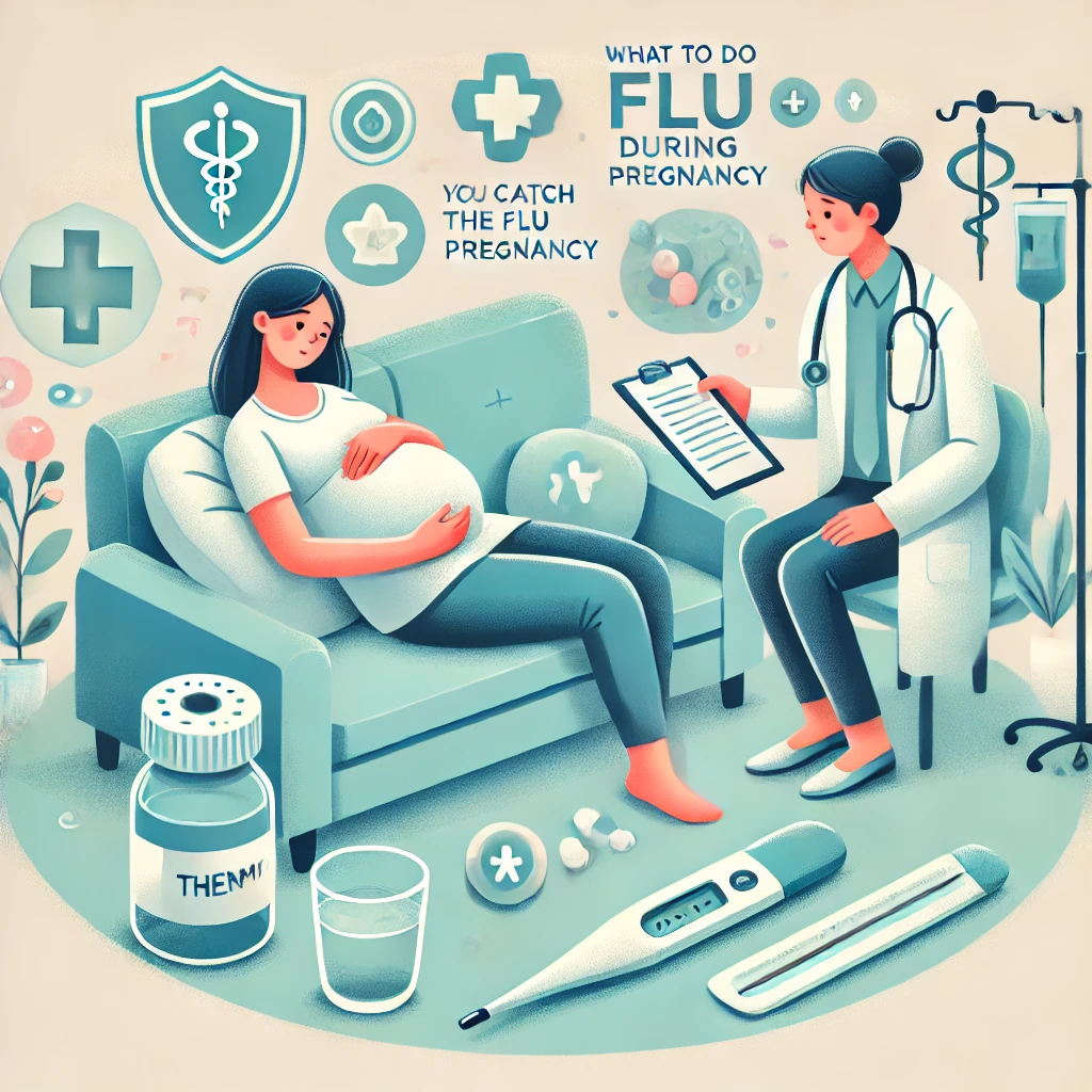 DALL·E 2024 11 27 08.23.50 An educational illustration showing what to do if you catch the flu during pregnancy. The image features a pregnant woman resting on a sofa surrounde