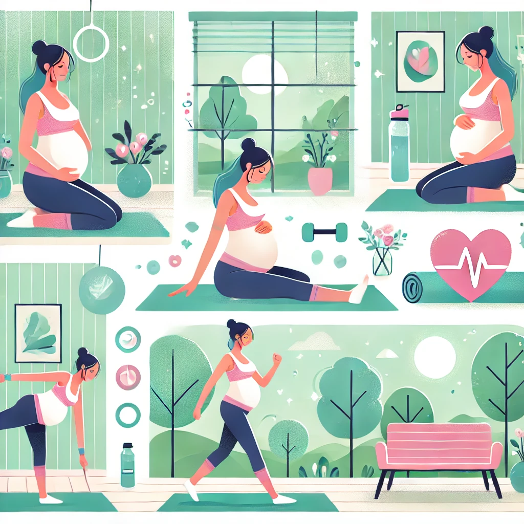 DALL·E 2024 11 27 15.45.13 An educational and motivational illustration showcasing a pregnant woman engaging in regular exercise. The image features the woman practicing prenata Copy