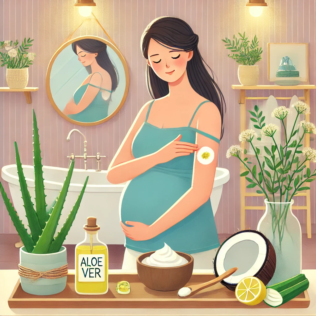 DALL·E 2024 11 28 17.15.58 An illustration of a pregnant woman applying a natural remedy to her underarm for treating darkened skin set in a cozy bathroom environment. The scen