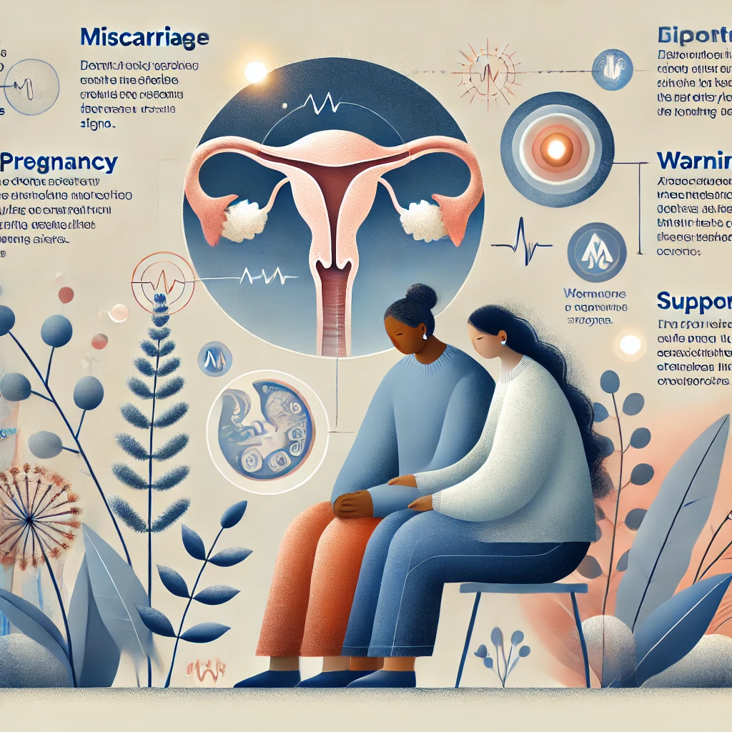 DALL·E 2024 12 03 14.26.51 A sensitive and educational illustration depicting miscarriage. The image features a grieving woman sitting with a supportive partner or healthcare pr